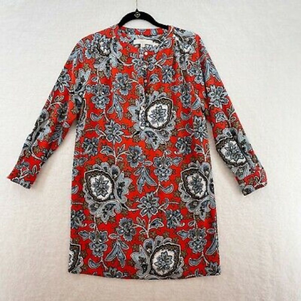 LOFT Bohemian Retro Dress Orange and Navy Long Sleeve Size XS